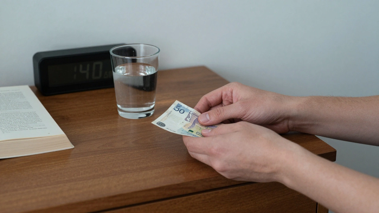 A man places money on a nightstand as a woman gently closes her hand over it—no words, only mutual respect.