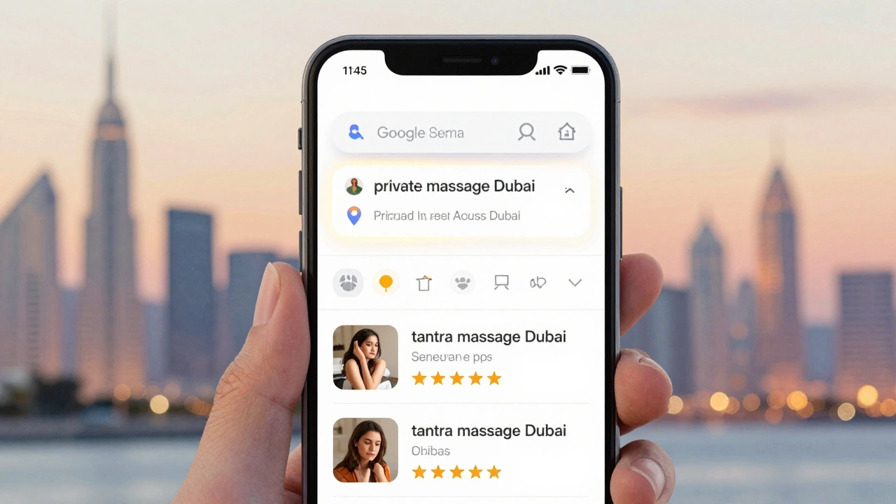 A mobile phone showing top Google search results for massage services in Dubai, with a glowing trusted listing.